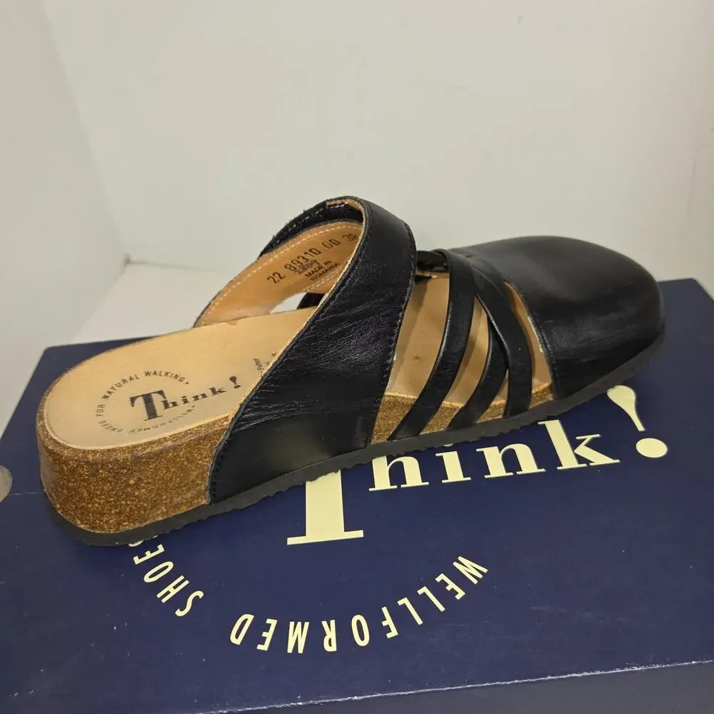 Think! Nappa Slide Sandals Black Leather Cutout Cork Comfort Sz 7 Womens Shoes - Picture 11 of 11
